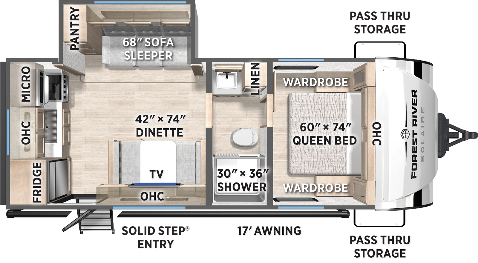 The Solaire 237RK floorplan has one entry and one slide out. Exterior features include: fiberglass exterior and 17' awning. Interiors features include: rear kitchen, front bedroom and pass through bathroom.